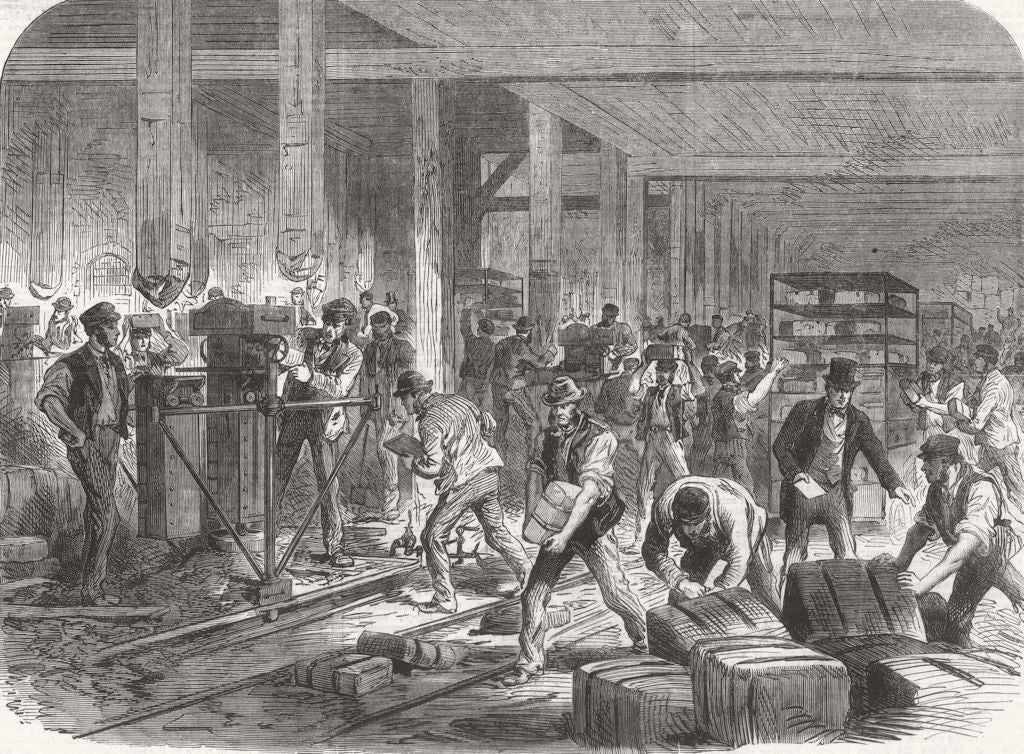 LONDON. Compressing forage, Globe Wharf, Mile End Rd 1867 old antique print